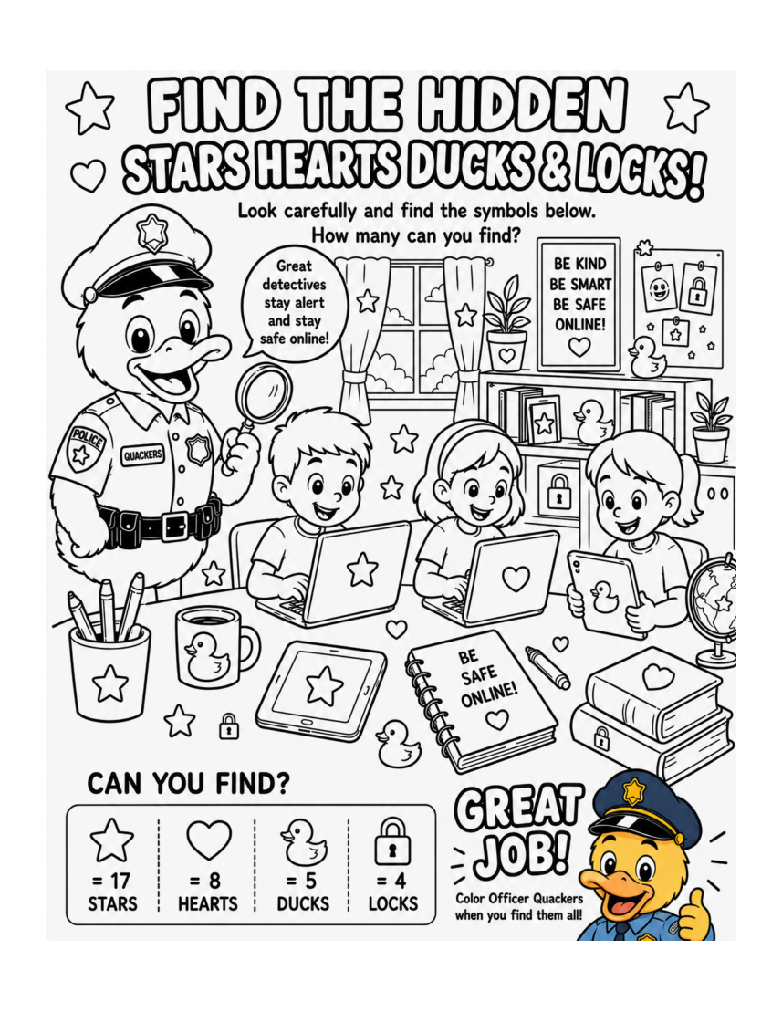 Find the Hidden Stars, Hearts, Ducks & Locks — Officer Quackers, PDF page 33